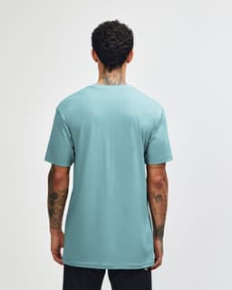 A unisex short sleeve t-shirt in light teal, featuring a plain back and a branding logo.
