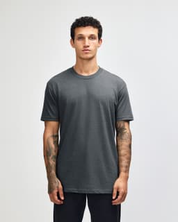 A unisex short sleeve T-shirt in dark grey, featuring a simple design and a logo on the front.