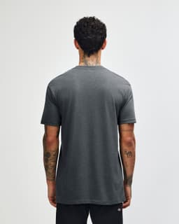 A grey unisex CVC short sleeve T-shirt displayed from the back, featuring a simple design and logo.