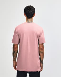 A unisex short sleeve T-shirt in a soft pink colour, featuring a simple design and a visible logo.