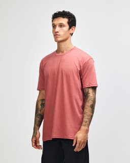 A unisex short sleeve T-shirt in a muted terracotta colour, featuring a minimalist design and a logo.
