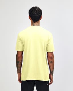 A unisex short sleeve T-shirt in bright yellow, featuring a standard cut and a logo on the back.