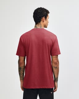 A unisex short sleeve t-shirt in a deep red colour, featuring a plain back and a logo.