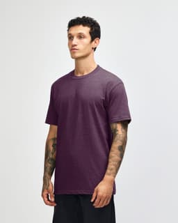 A unisex short sleeve t-shirt in a deep purple colour, featuring a simple design and a logo.