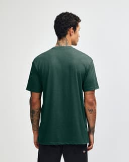 A unisex short sleeve t-shirt in dark green, featuring a plain back and a simple design.