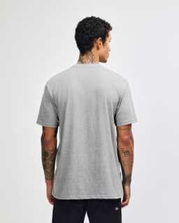 A grey unisex CVC short sleeve T-shirt viewed from the back, featuring a logo.