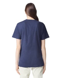 A unisex short sleeve t-shirt in navy blue, featuring a plain back design and a simple logo at the neck.