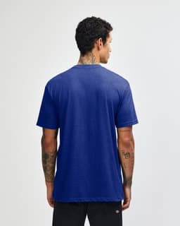 A blue unisex CVC short sleeve t-shirt with a plain back view, featuring a logo.