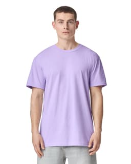 A lilac unisex CVC short sleeve T-shirt displayed on a model. The shirt features a simple design and has a logo.