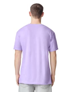 A unisex short sleeve t-shirt in lavender, displayed from the back, featuring a logo.
