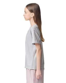 A grey youth T-shirt displayed on a model from the side, featuring a simple design and short sleeves.