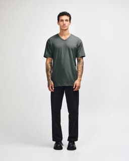 A unisex V-neck T-shirt in dark grey with short sleeves and a slim fit. Features branding on the shirt.