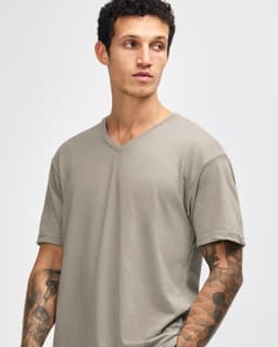 A unisex v-neck t-shirt in a muted grey tone, featuring short sleeves and a logo.