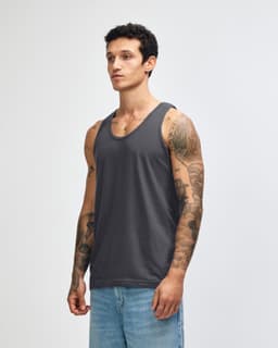 A grey unisex fine jersey tank top with a relaxed fit and branding on it.