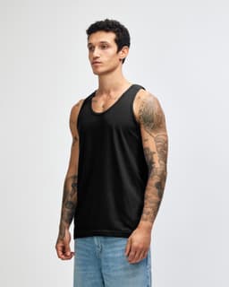 A unisex fine jersey tank in black, featuring a relaxed fit and a simple design. It has a logo on it.