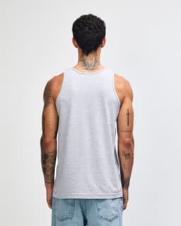 A back view of a grey unisex fine jersey tank top, featuring a simple design and no visible logos.