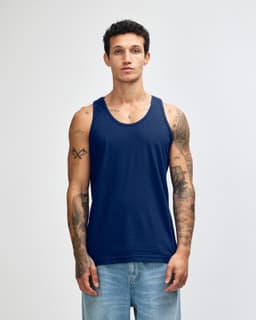 A unisex fine jersey tank top in navy blue with a contrasting red side design. Features a logo on the garment.