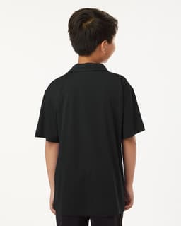 A black youth polo shirt featuring a collar and short sleeves, with a logo on the back.