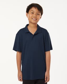 A navy blue youth polo shirt with a collar and short sleeves, featuring a branding logo.