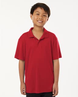 A red polo shirt designed for youth, featuring a classic collar and short sleeves. It includes a logo on the front.