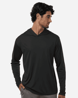 A black hooded t-shirt for men, featuring long sleeves and a relaxed fit, with a subtle logo on it.