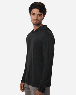 A hooded t-shirt in black, featuring long sleeves and a lightweight design, worn by a male model.