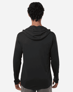 A men's hooded T-shirt in black, featuring long sleeves and a back view. The shirt has a logo.