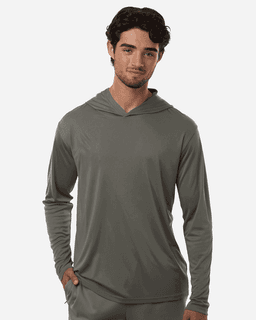 A grey men's hooded performance t-shirt with a slim fit, featuring long sleeves and a subtle branding logo.