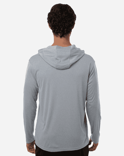 A light grey men's hooded t-shirt with long sleeves, featuring a hood and a minimalist design.