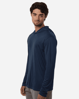A navy hooded t-shirt for men, featuring a modern fit and long sleeves, designed for performance.