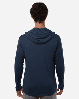 A navy blue hooded t-shirt for men, featuring a fitted design with long sleeves and a hood at the back.