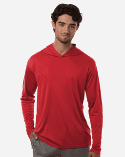 A red hooded long-sleeve T-shirt for men, featuring a relaxed fit and a logo on the chest.