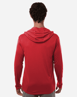 A red hooded long-sleeve t-shirt for men, featuring a hood and a logo.