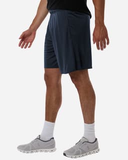 Men's performance shorts in navy blue with a logo, featuring a relaxed fit and moisture-wicking fabric.