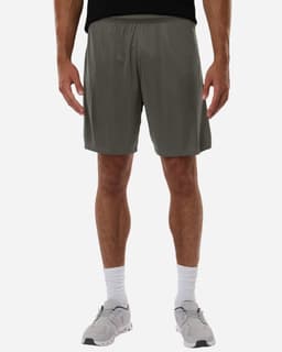 Men's performance shorts in olive green, featuring an elastic waistband and a logo on the side.