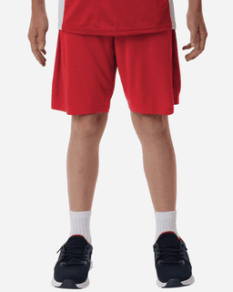 Men's performance shorts in bright red, featuring a loose fit and a logo on the side.