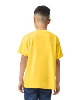 A yellow youth t-shirt with short sleeves, viewed from the back, featuring a logo.