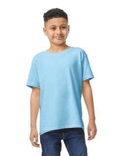 A light blue Gildan Heavy Cotton Youth T-Shirt displayed on a young model, featuring a crew neck and short sleeves.