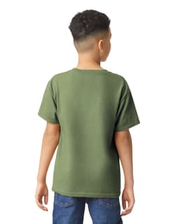 A green Gildan Heavy Cotton youth t-shirt viewed from the back, featuring short sleeves and a plain design.