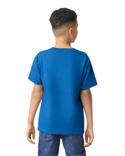 A blue Gildan Heavy Cotton Youth T-Shirt displayed from the back, worn by a young boy.