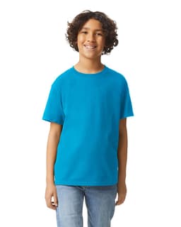 A youth t-shirt in vibrant turquoise, featuring a simple design and a logo on the front.