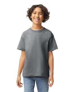 A youth t-shirt in dark grey, featuring a relaxed fit and short sleeves, with a subtle logo.