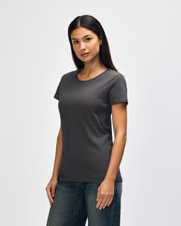A grey ladies' T-shirt displayed on a model, featuring a crew neck and short sleeves. It has a logo on the front.