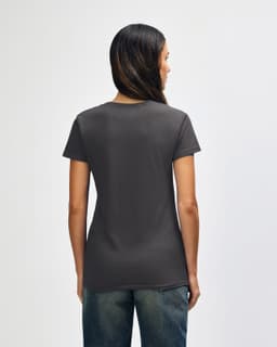 A grey ladies' t-shirt is displayed from the back, featuring short sleeves and a fitted design. It has a logo on the back.
