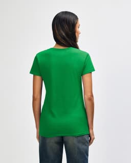 A green Gildan Heavy Cotton ladies' T-shirt, viewed from the back, with short sleeves and a simple design.