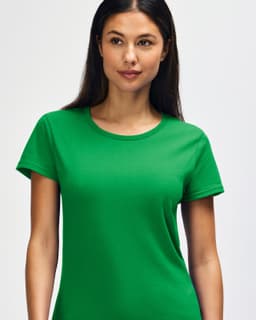 A green ladies' T-shirt made from heavy cotton, featuring short sleeves and a round neckline. It has a branding logo.