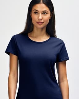 A navy ladies' t-shirt with a standard fit and short sleeves, featuring a logo on the front.