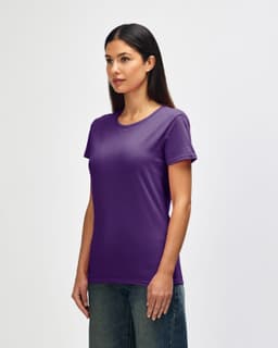 A purple ladies' t-shirt made from heavy cotton, presented on a model wearing blue jeans.