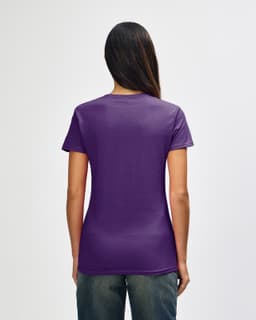 A purple Gildan Heavy Cotton Ladies' T-Shirt is displayed from the back, featuring a simple design and casual fit.