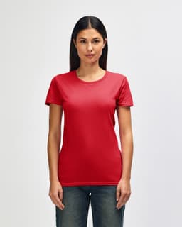 A red Gildan Heavy Cotton Ladies' T-Shirt displayed on a model, featuring a simple design and short sleeves.